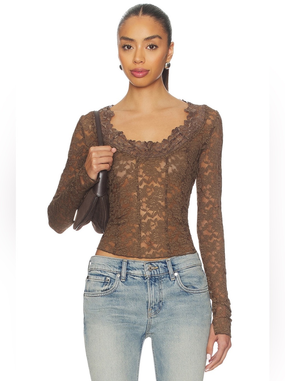 INTIMATELY FREE PEOPLE BROWN LACE ALL NIGHT LONG SLEEVE SHEER TEAK TOP SZ S - Picture 4 of 8